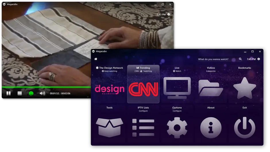 Megacubo playing a live TV channel with the channel list open